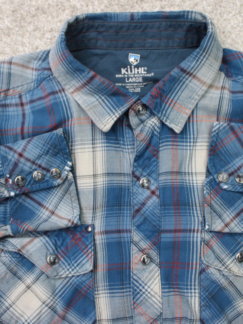 Kuhl Lowdown Shirt Mens Large Blue Plaid Pearl Snap Cotton/Tencel Long Sleeve